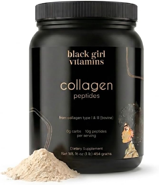 A black plastic tub of Black Girl Vitamins Collagen Peptides dietary supplement, shown with a small pile of light beige powder in front on a white background.