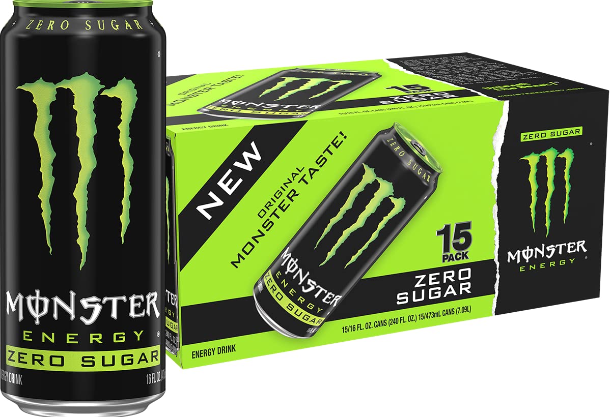 Monster Energy Zero Sugar can and 15-pack box on a white background
