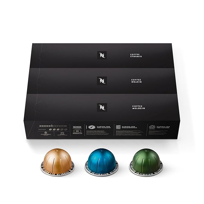 Nespresso Vertuo variety pack with 30 medium and dark roast coffee capsules, each brewing 7.8 fl oz