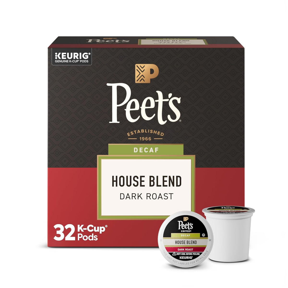 “Peet's Coffee Decaf House Blend dark roast 32-count K-Cup pod box with two coffee pods in front.”