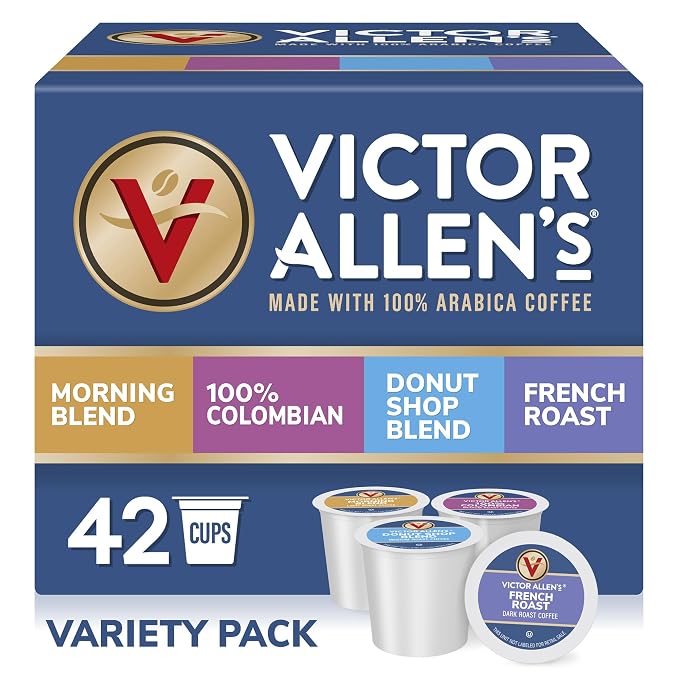 Victor Allen's Coffee 42-count variety pack, blue box with four coffee selections and single-serve pods