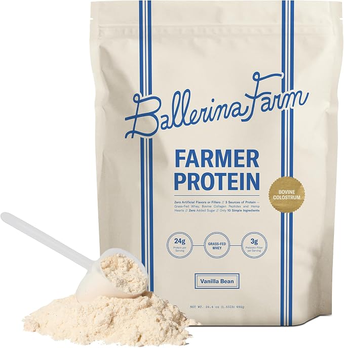 Ballerina Farm Farmer Protein package with scoop of protein powder on a white background