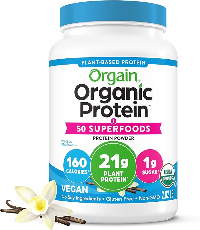 Orgain Organic Protein powder container with vanilla flavor indication on a white background