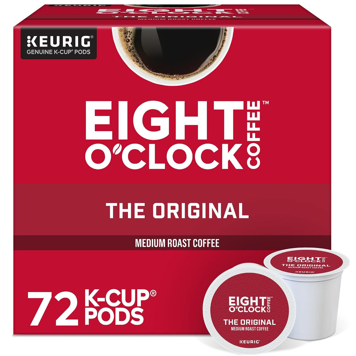 “Eight O’Clock Coffee The Original medium roast, red 72-count Keurig K-Cup pod box with two coffee pods in front.”