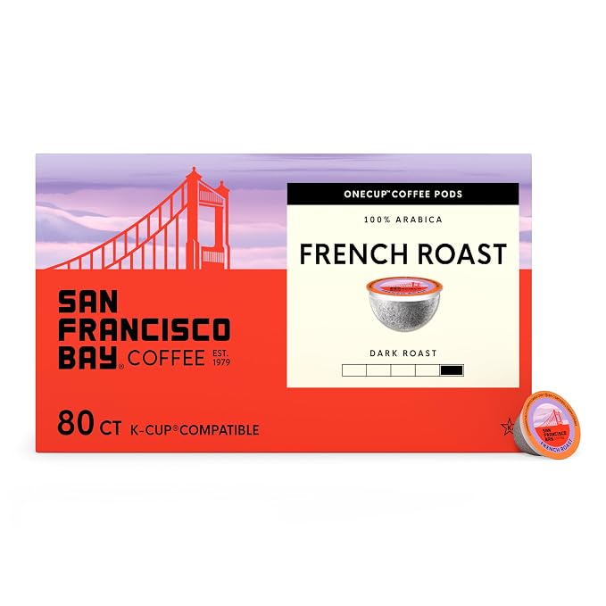 San Francisco Bay French Roast coffee, red 80-count OneCup box with bridge artwork and a coffee pod