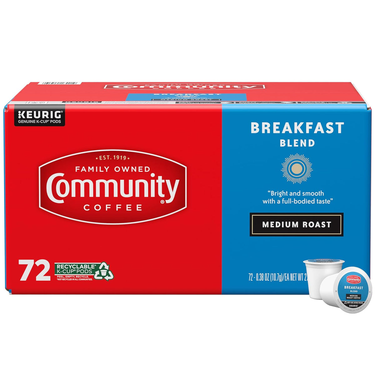 Community Coffee Breakfast Blend medium roast, red and blue 72-count K-Cup box with two pods