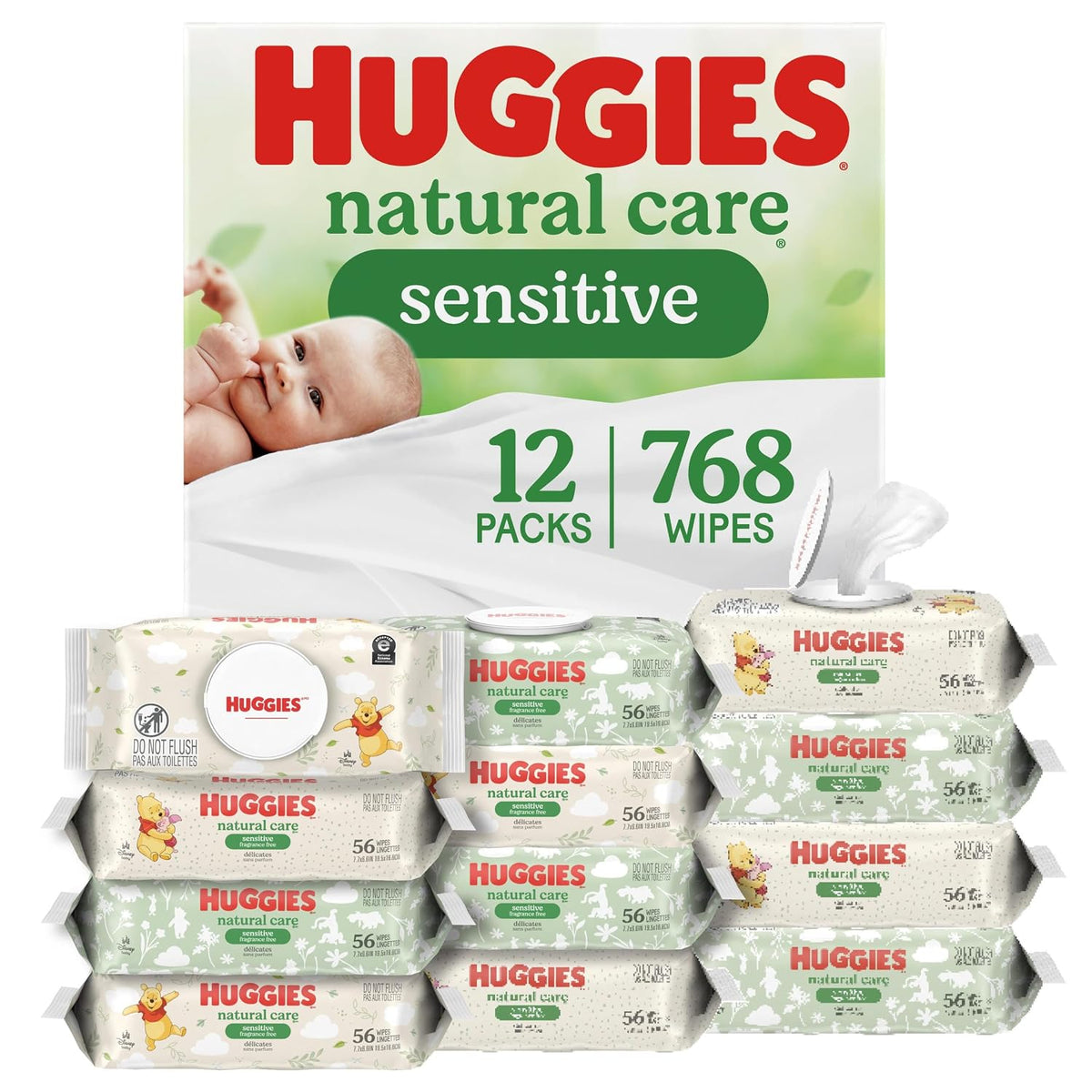 Huggies Natural Care Sensitive wipes box with green and cream flip-top packs featuring Winnie the Pooh