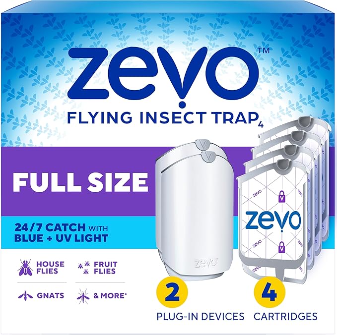 Zevos flying insect trap packaging with trap device and cartridges on a blue and purple background.