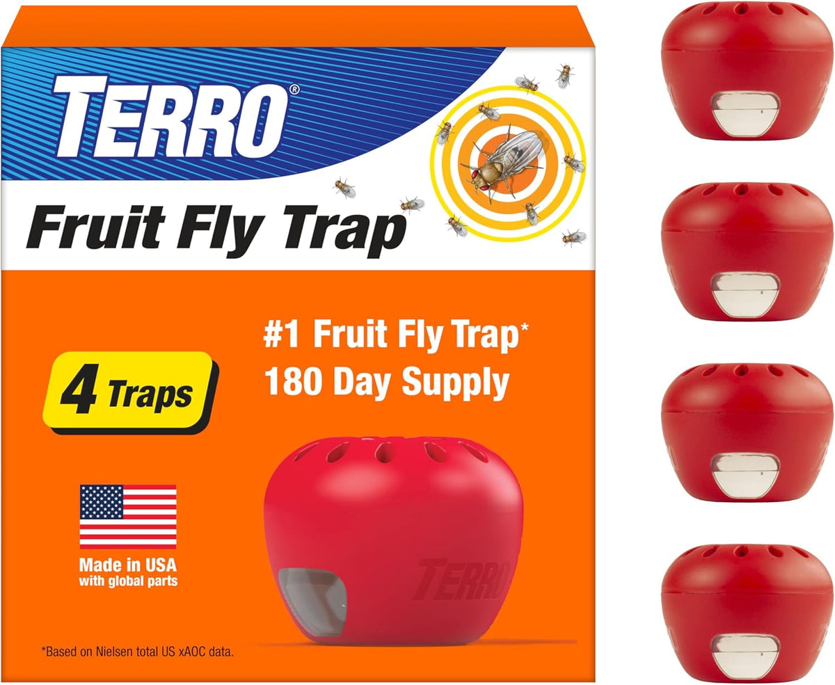 TERRO Fruit Fly Trap retail box shown next to four individual red cylindrical traps on a plain white background. The box is orange and blue with product text including 'Fruit Fly Trap', '4 Traps', and '180 Day Supply'.