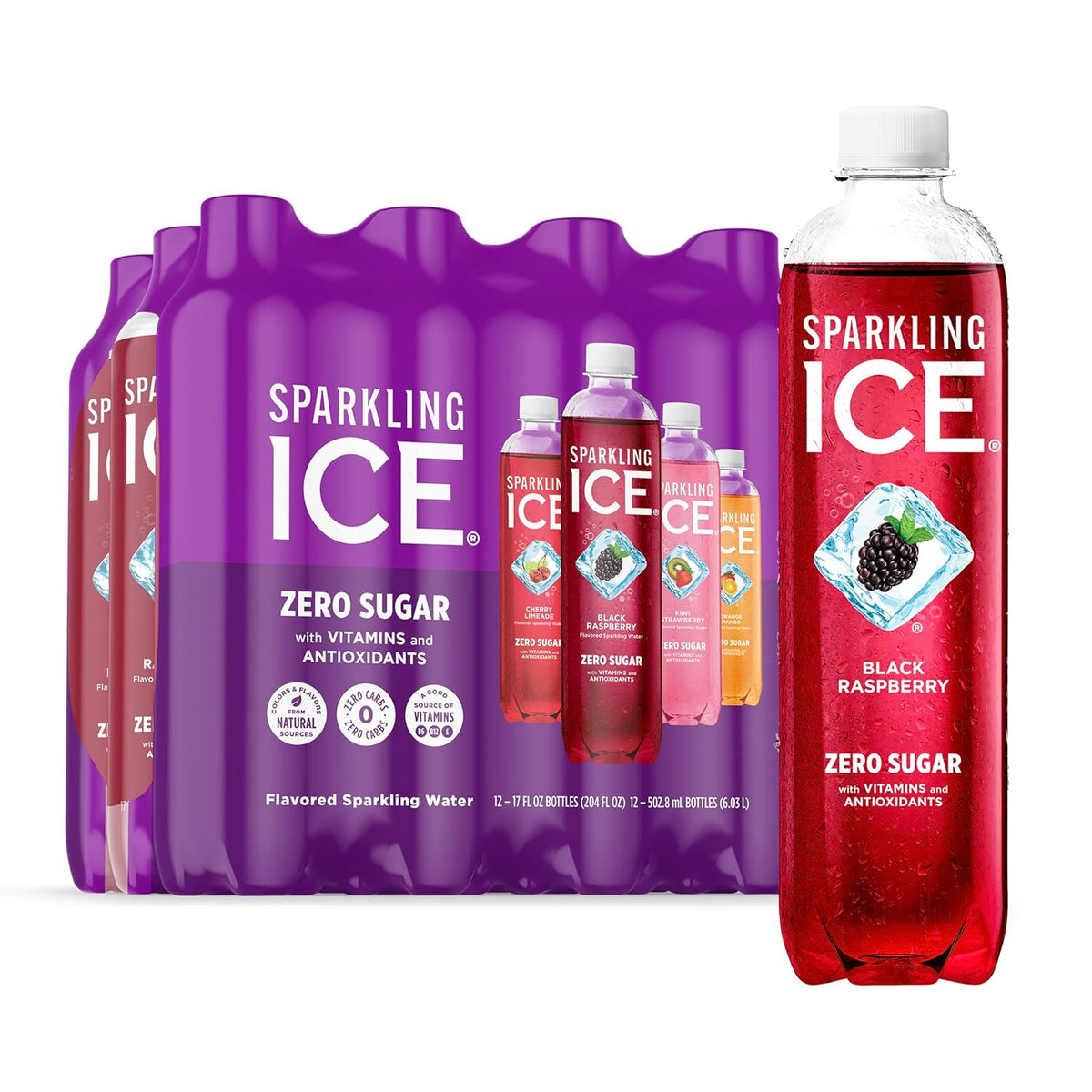 Packaging of Sparkling Ice zero sugar flavored sparkling water with a red bottle on a white background.