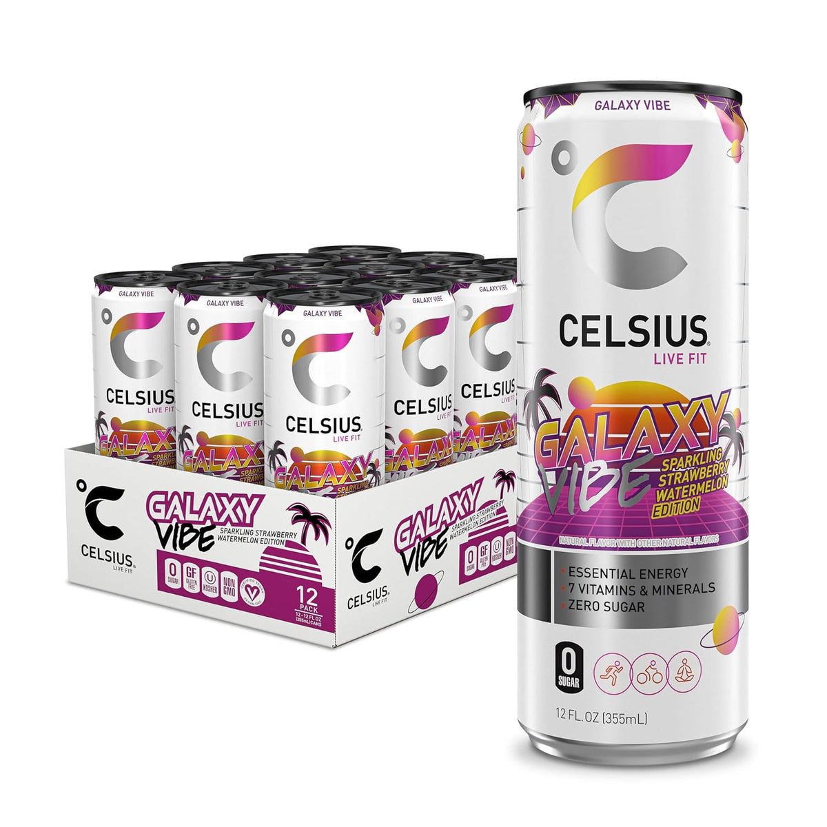 CELSIUS GALAXY VIBE strawberry watermelon sugar-free energy drink, 12 fl oz, 12-pack