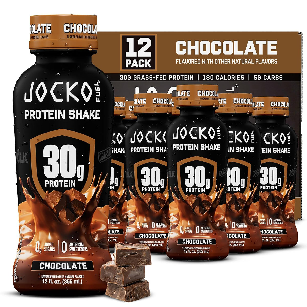Jocko Fuel chocolate high protein shake bottle with 30g grass-fed protein