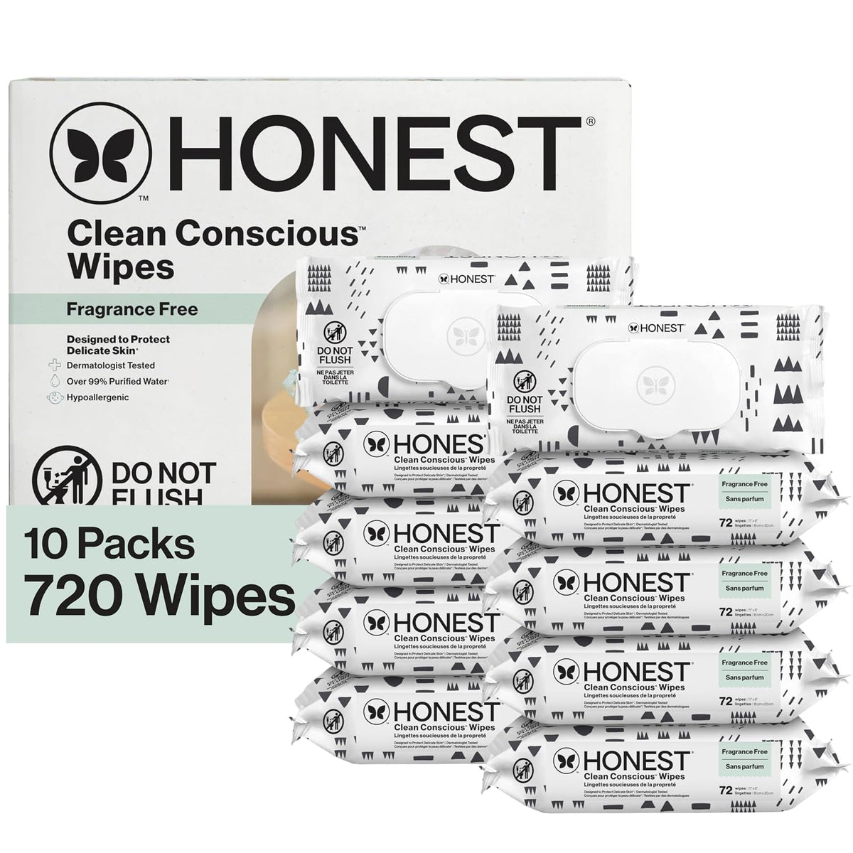 Honest fragrance-free baby wipes box with 10 black-and-white Pattern Play packs, totaling 720 wipes