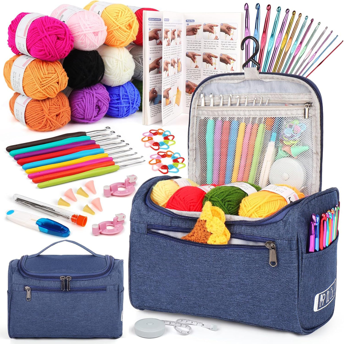 Aeelike beginner crochet kit with multicolored yarn, crochet hooks, instructions and an open navy organizer bag