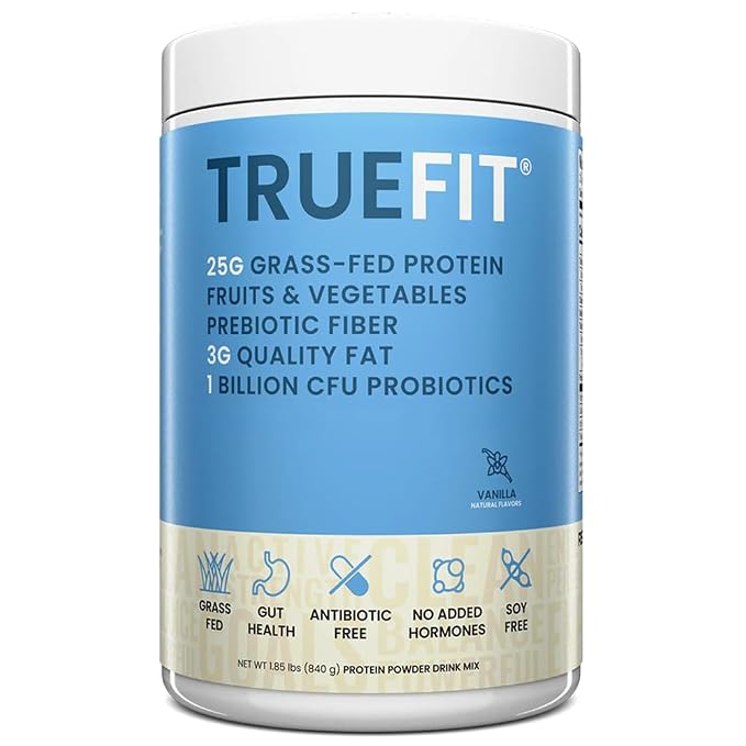 TrueFit grass-fed whey protein powder with fiber, vanilla product image