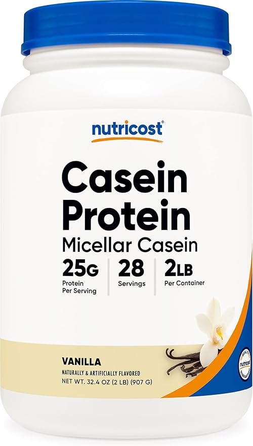 Nutricost Casein Protein powder container with blue lid and vanilla flavor label.
