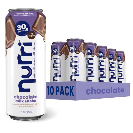 Nurri chocolate milk shake can and 10-pack box on a white background