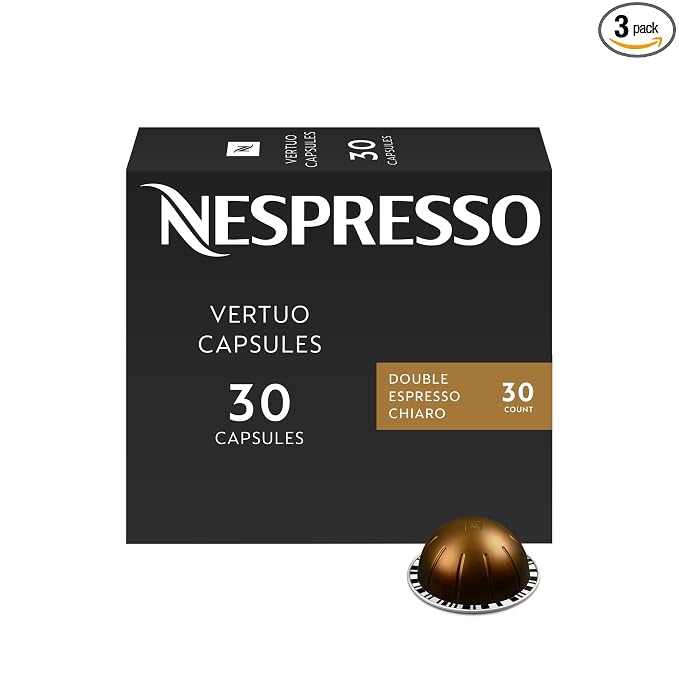 Nespresso Vertuo Double Espresso Chiaro, black 30-count capsule box with a bronze coffee pod
