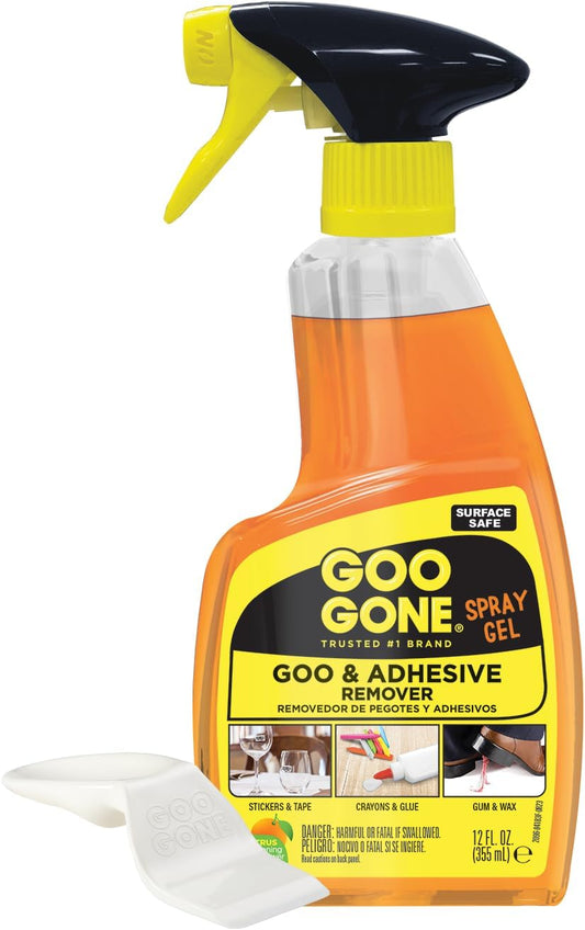Goo Gone adhesive remover spray gel, 12 fl oz bottle with yellow-and-black trigger and white scraper