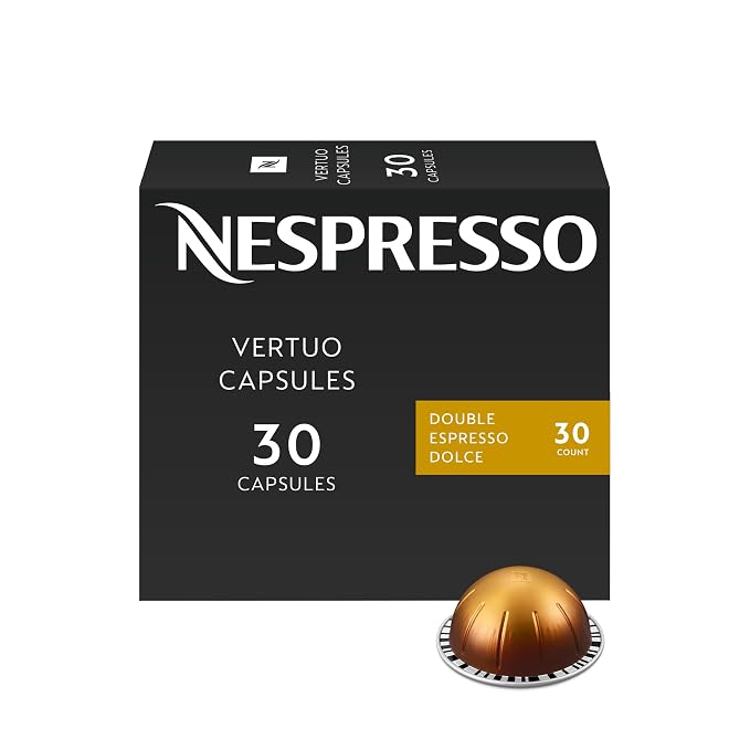Nespresso Vertuo Double Espresso Dolce, black 30-count capsule box with gold label and bronze coffee pod