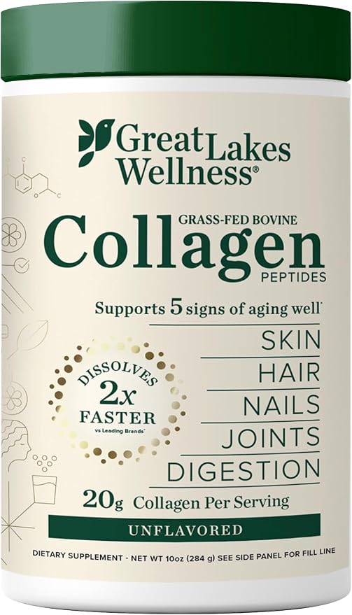 A white plastic bottle of Great Lakes Wellness Collagen Peptides, unflavored, with a dark green cap and a cream-colored label detailing its benefits for skin, hair, nails, and joints.