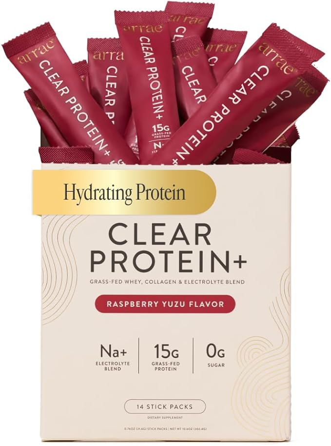 Box of Clear Protein+ Hydrating Protein with raspberry yuzu flavor, showing multiple stick packs.