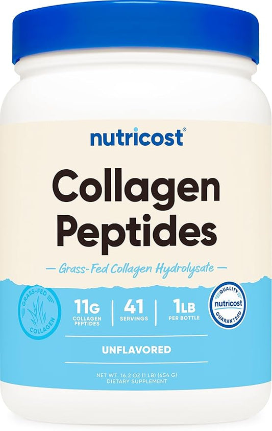 Nutricost unflavored collagen peptides powder, grass-fed bovine collagen, 1lb (454g)