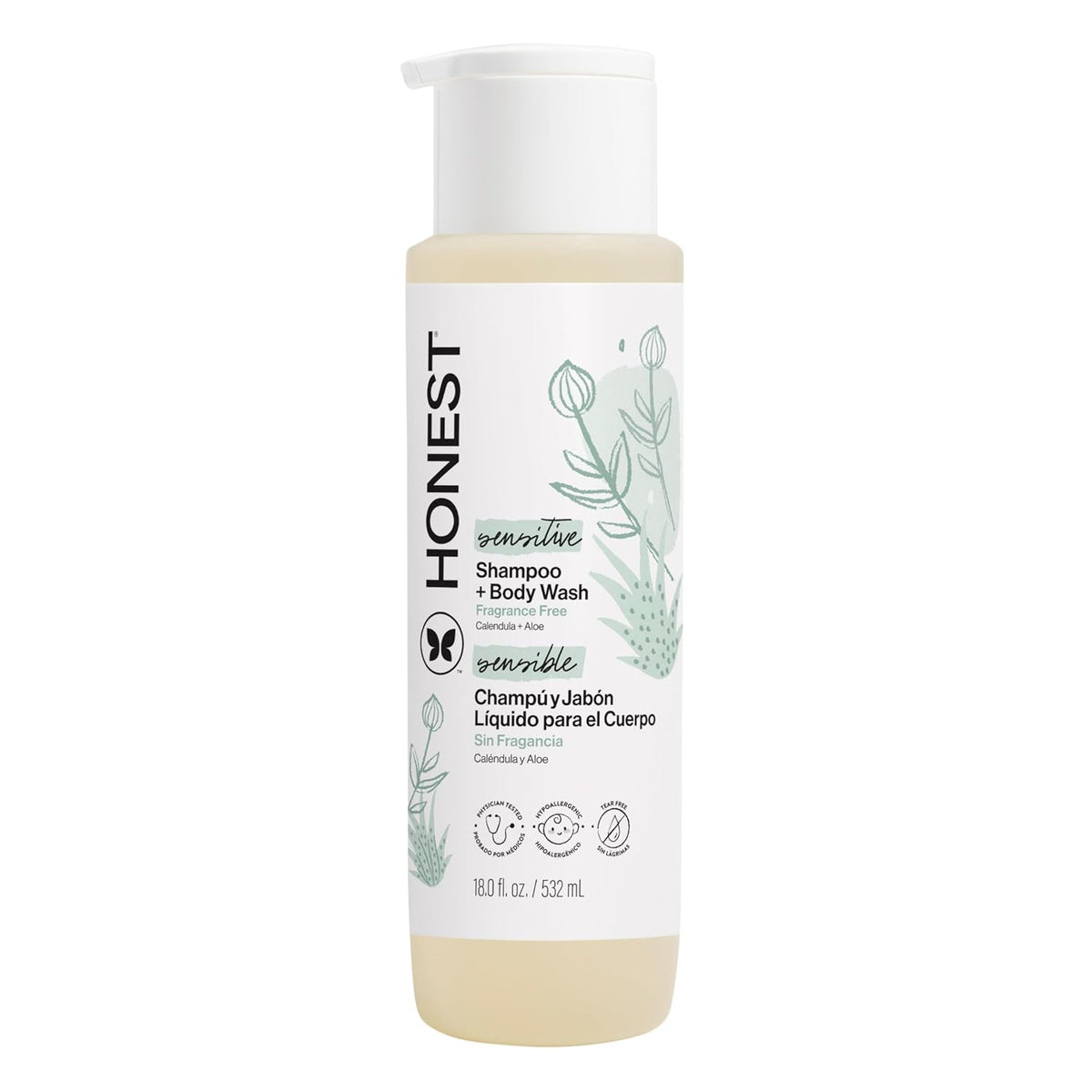 Honest Sensitive fragrance-free shampoo and body wash in an 18 fl oz bottle with a white cap and botanical label