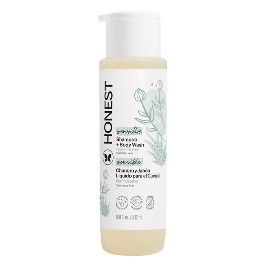 Honest Sensitive fragrance-free shampoo and body wash in an 18 fl oz bottle with a white cap and botanical label