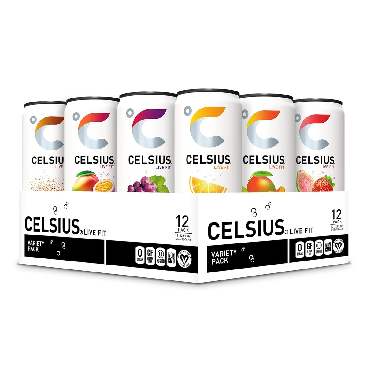 A 12-pack variety pack of Celsius Live Fit energy drinks in a white cardboard tray holding six cans. The cans feature the Celsius logo and different fruit illustrations indicating flavors: cranberry, mango, lime, mixed berry, orange, and strawberry.
