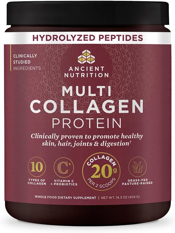 Ancient Nutrition Multi Collagen Protein powder in a dark brown jar with a black lid and a maroon label, featuring white and gold text.