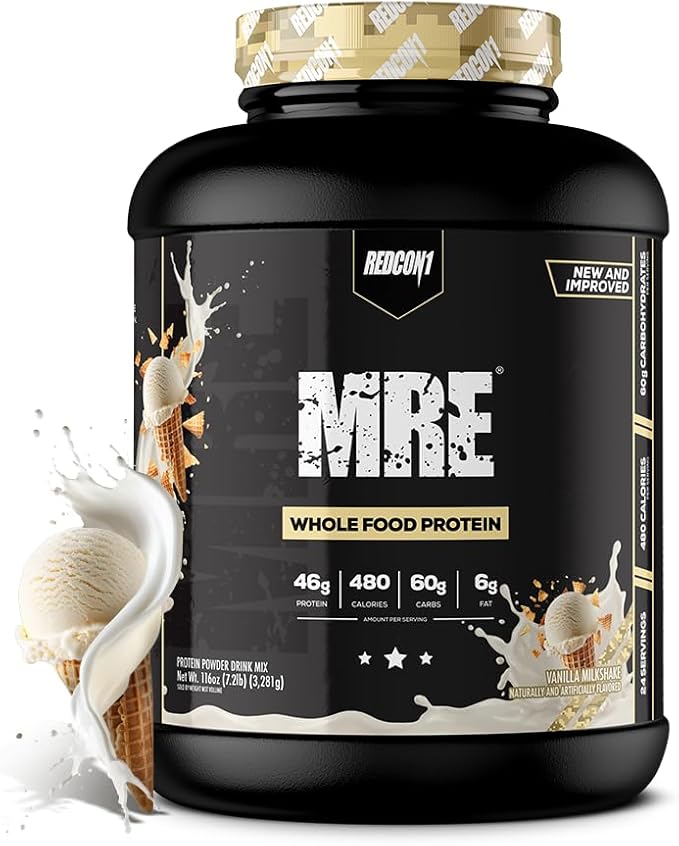 Black container of Redcon1 MRE Whole Food Protein with vanilla ice cream illustration on a white background