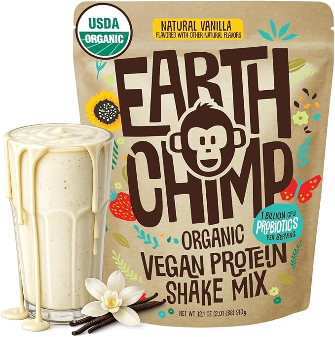 Earth Chimp Organic Vegan Protein Shake Mix pouch in natural vanilla, shown with a glass of creamy vanilla shake and vanilla bean and flower props on a white background.