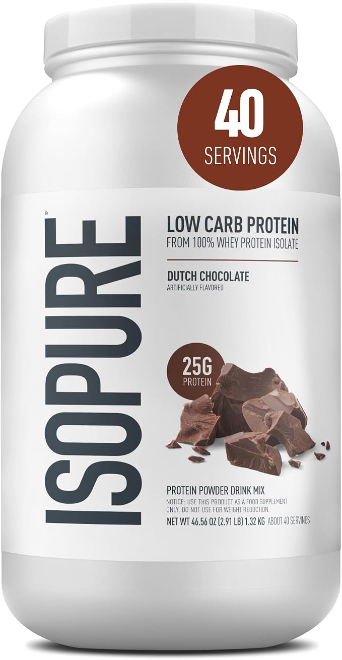 A white tub of Isopure Dutch Chocolate protein powder drink mix, featuring a white label with dark gray text, chocolate pieces graphic, and a brown circular badge indicating 40 servings.