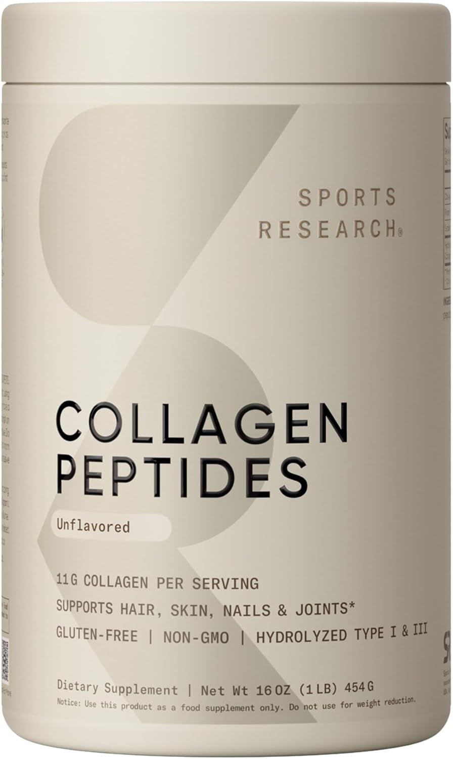 Container of Sports Research Collagen Peptides on a beige background