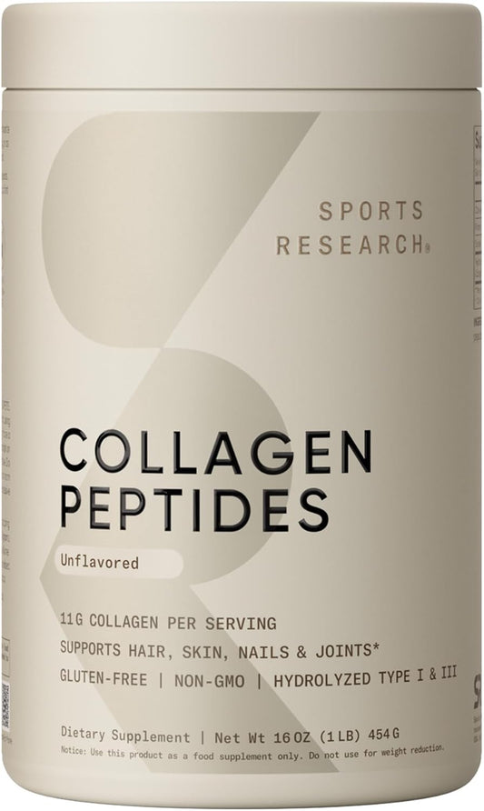 Container of Sports Research Collagen Peptides on a beige background