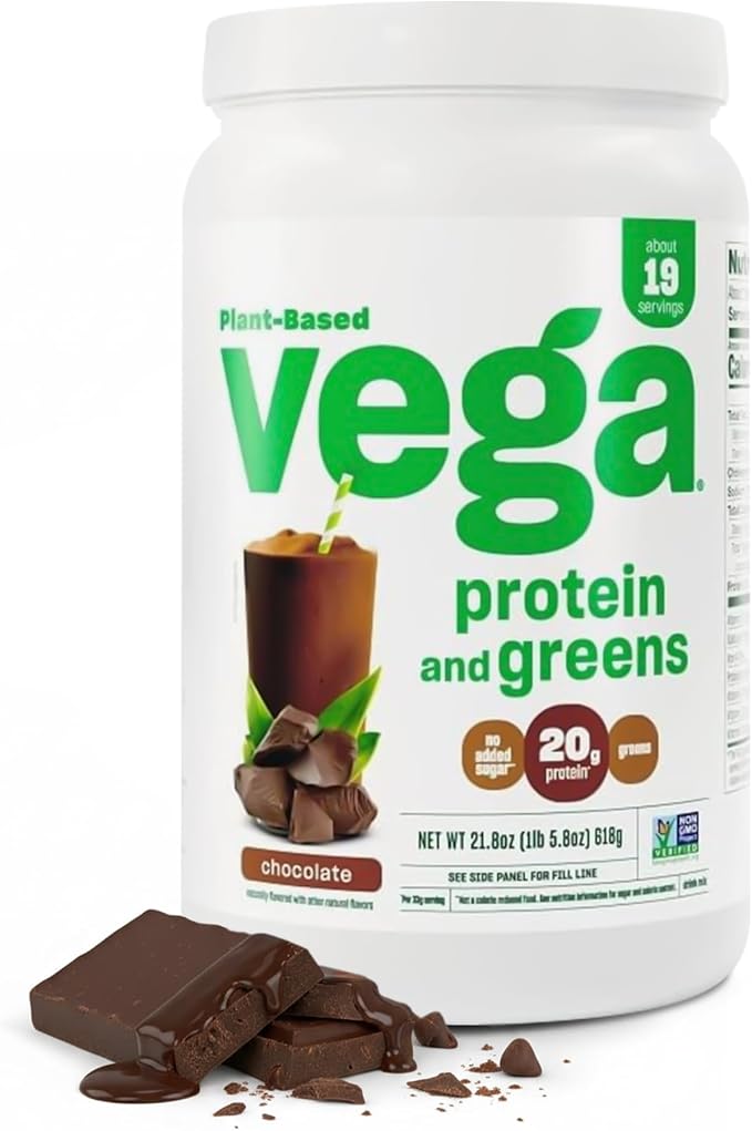 Vega protein and greens powder container with chocolate flavor on a white background