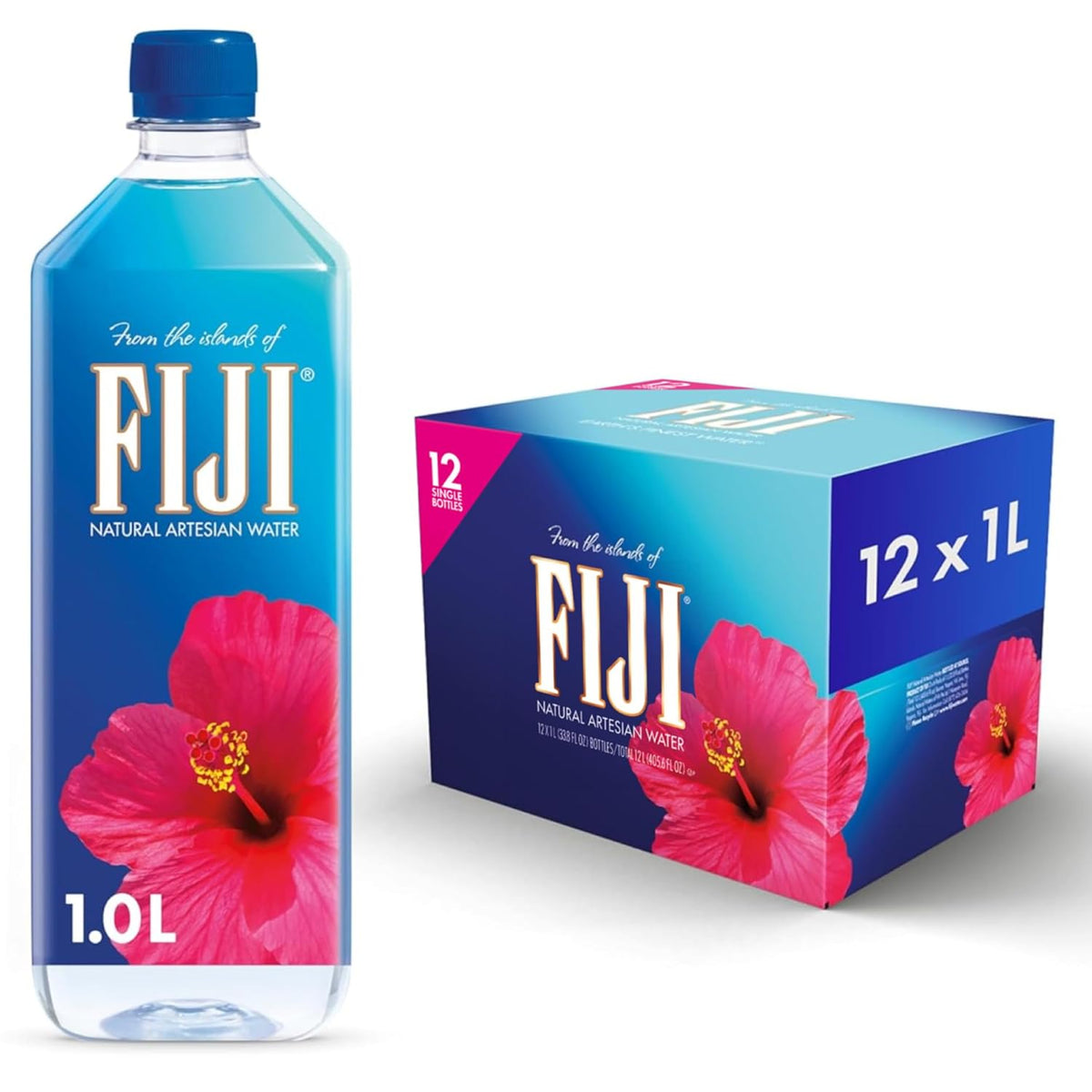 FIJI water bottle and packaging with pink flowers on a white background