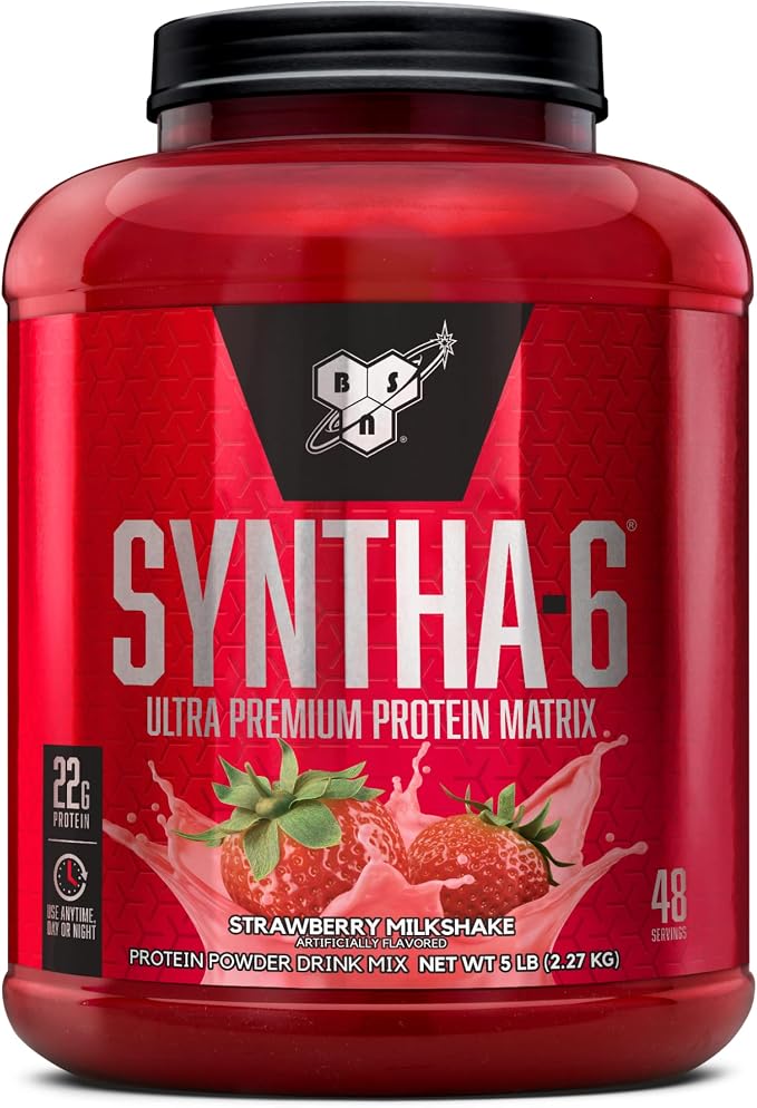 Red container of Syntha-6 protein powder with strawberry flavor on a white background