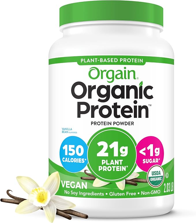 Orgain Organic Protein powder container with vanilla bean and vanilla flower on a white background