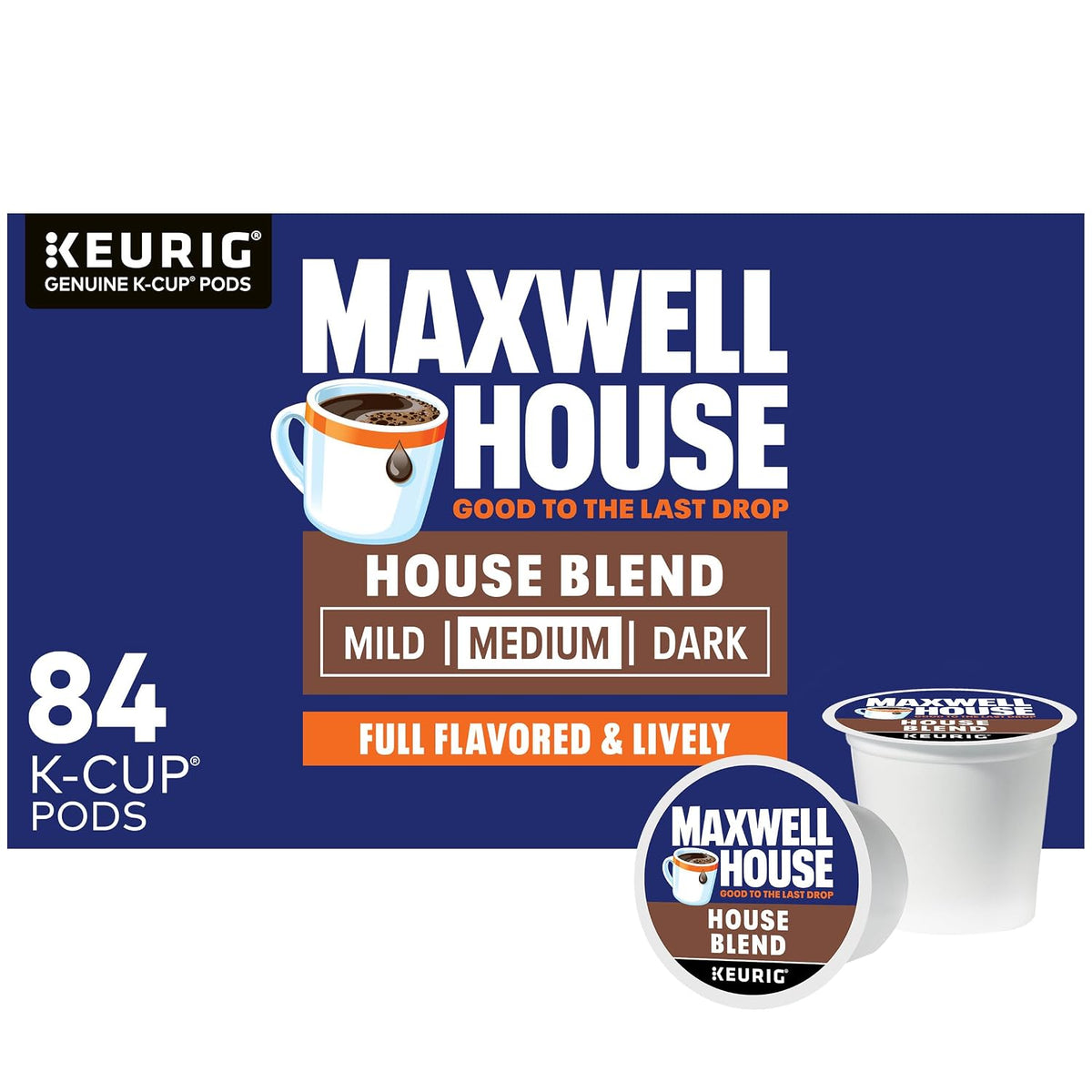 Maxwell House House Blend medium roast coffee, blue 84-count K-Cup box with mug artwork and two pods