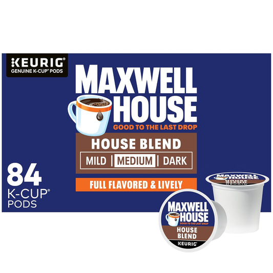 Maxwell House House Blend medium roast coffee, blue 84-count K-Cup box with mug artwork and two pods