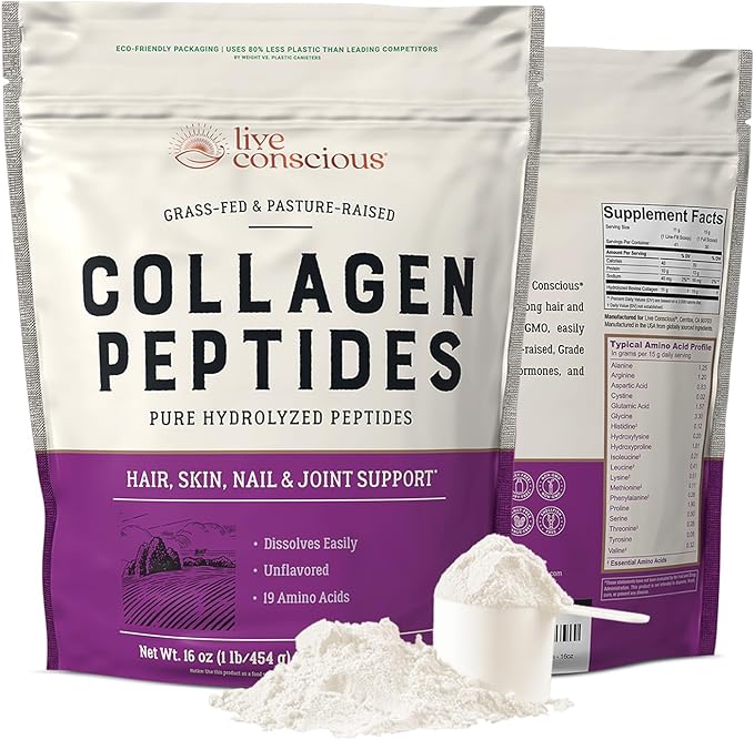 Package of Live Conscious Collagen Peptides with visible powder and scoop.