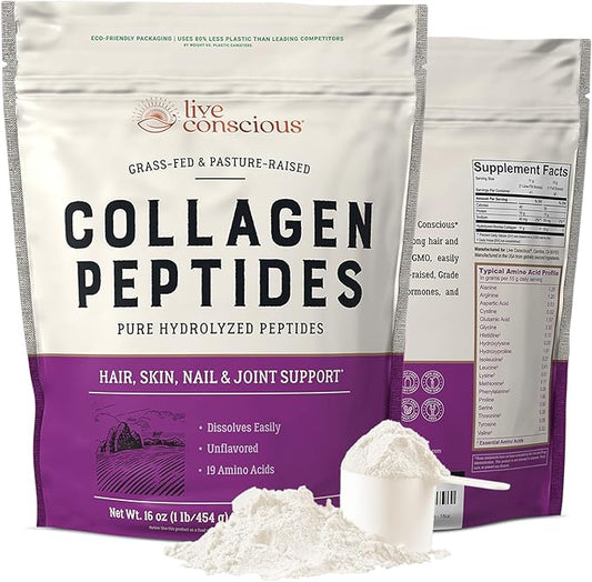 Package of Live Conscious Collagen Peptides with visible powder and scoop.