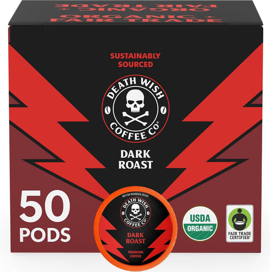 Death Wish Coffee organic dark-roast single-serve pods, 50-count pack”