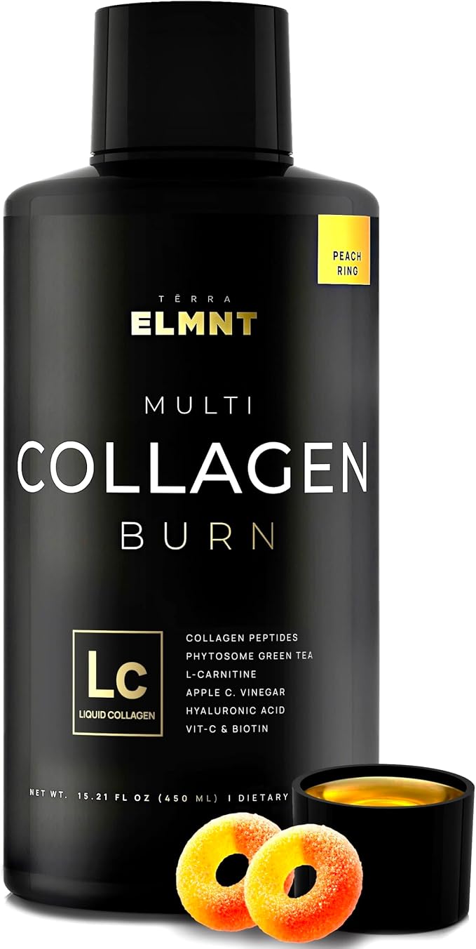 A black bottle of ELMNT Multi Collagen Burn liquid supplement with a black cap, shown on a white background with two orange gummy candies and a small black cup of golden liquid in front.