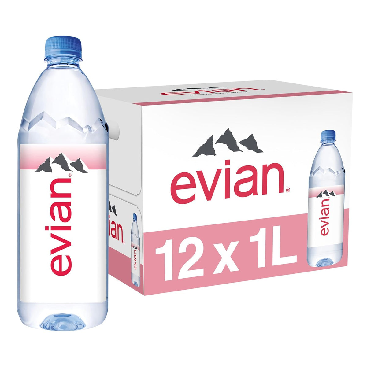 Evian water bottle and packaging on a white background