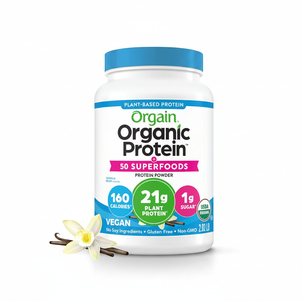 Orgain organic vegan protein powder in Vanilla Bean flavor, 2.02 LB container