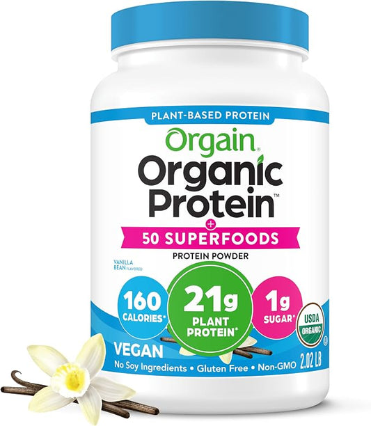 Orgain Organic Protein powder container with vanilla flavor indication on a white background