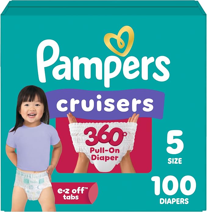 Pampers Cruisers 360 teal diaper box labeled Size 5 and 100 diapers, with a child and pull-on diaper illustration